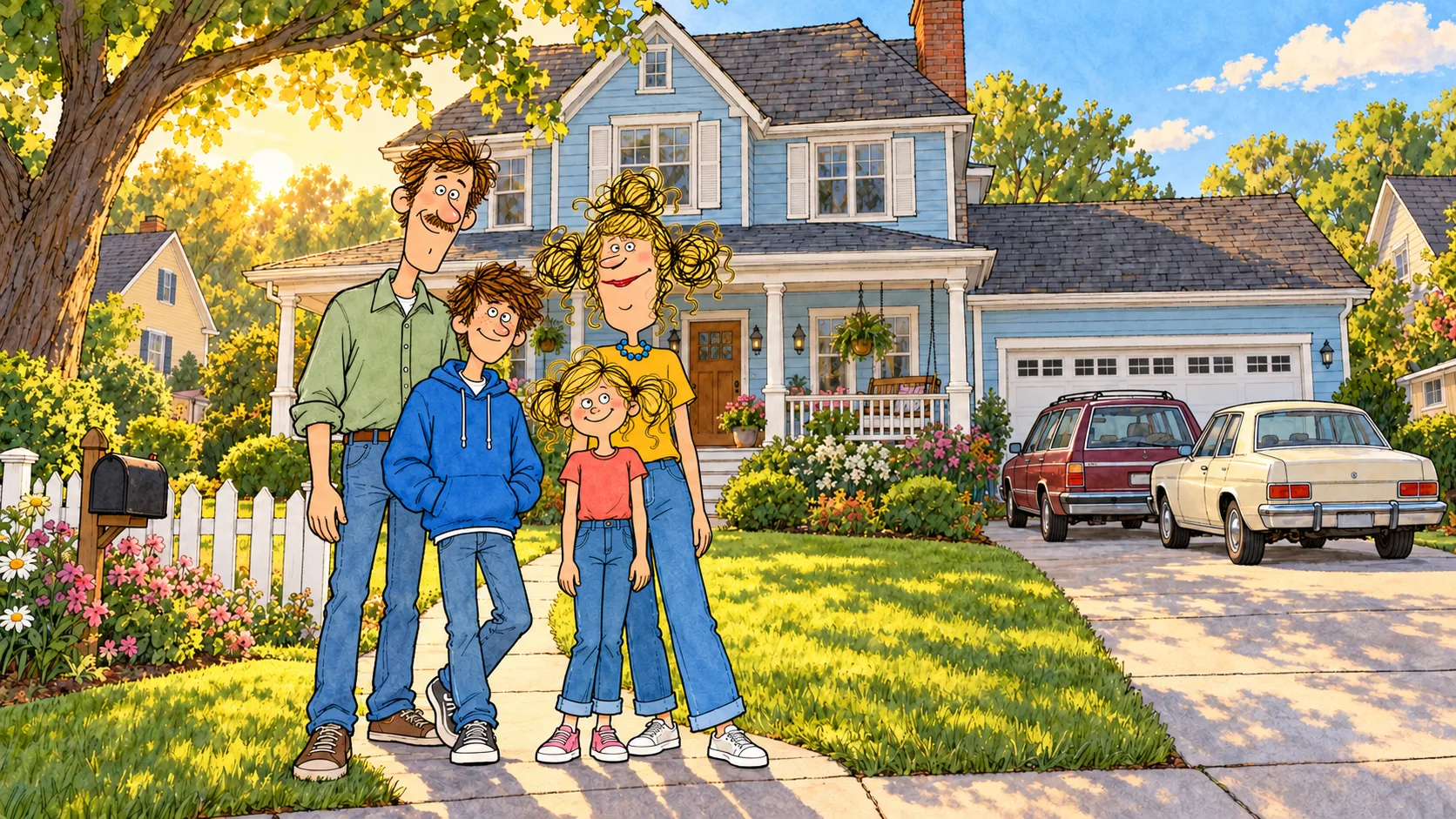 The Dottie family standing together in front of their suburban home at golden hour